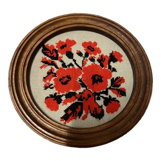 Vintage 1970s Orange Needlepoint in Frame For Sale