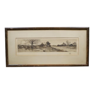 Antique James Calahan Farmhouse Cottage Panoramic Landscape Etching 25" For Sale