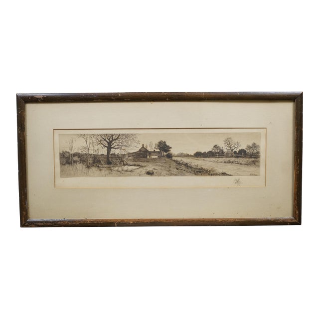 Antique James Calahan Farmhouse Cottage Panoramic Landscape Etching 25" For Sale