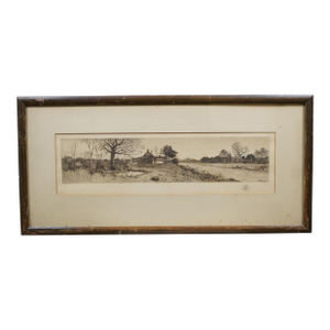 Antique James Calahan Farmhouse Cottage Panoramic Landscape Etching 25"
