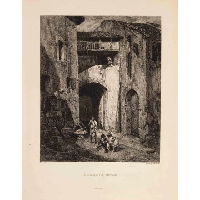 Alfred-Louis Brunet-Debaines, Intérieur de Cour en Italie, Etching, 1863 For Sale - Image 3 of 3