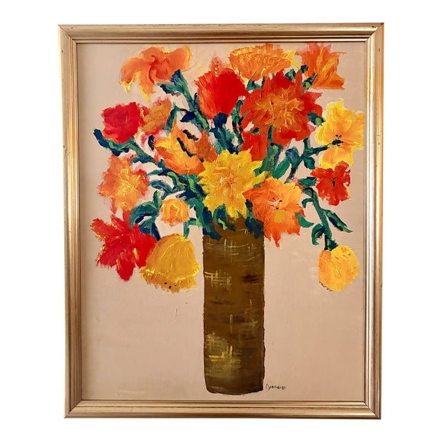 1960s Mid-Century Modern Expressionist Heavy Impasto Floral Still Life – Signed by Artist For Sale
