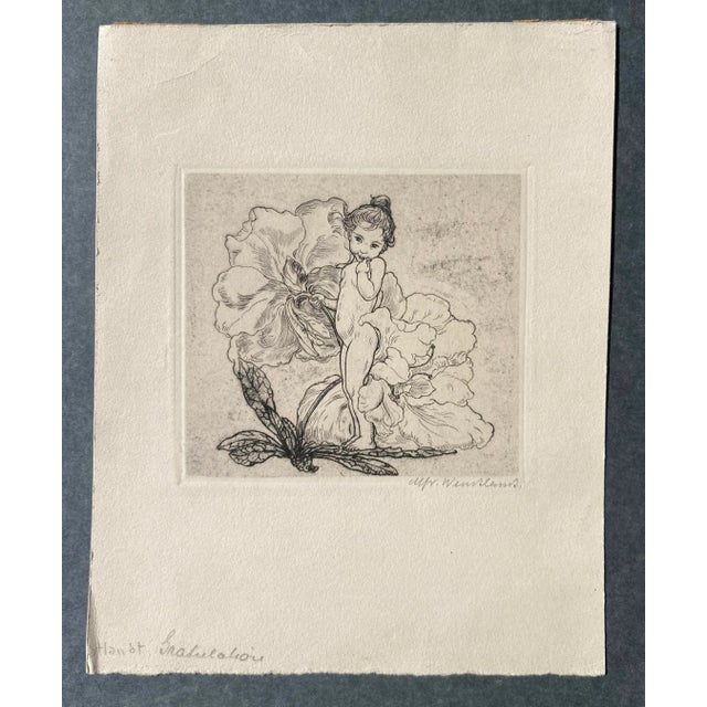 Figural nude etching of a child in a flower; signed illegibly and stampedn "Printed in Germany" on the back.