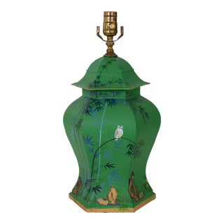 Vintage Hand-Painted Tole Temple Jar Table Lamp For Sale