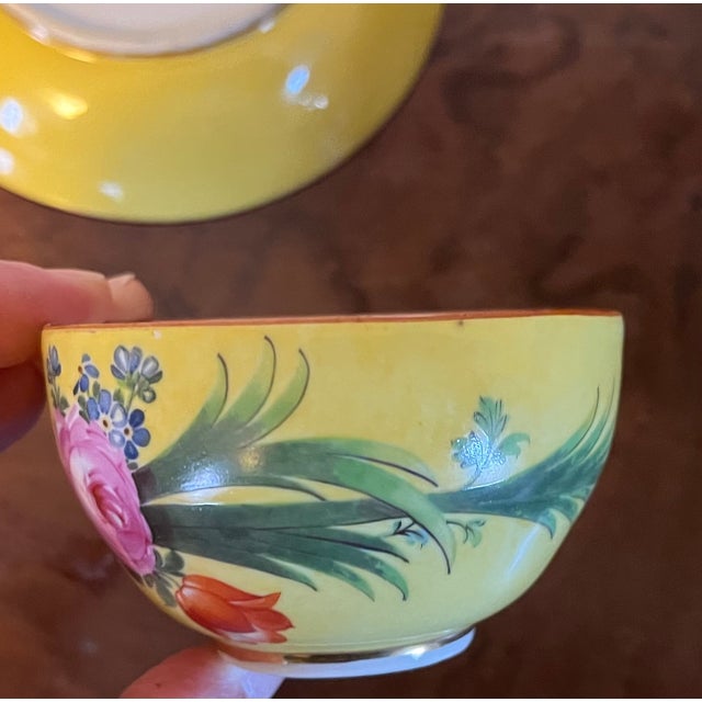 Yellow Antique 19th Century Meissen Porcelain Tea Cup and Saucer With Tropical Floral Decoration on a Bright Yellow Ground For Sale - Image 8 of 11