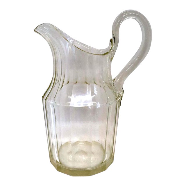Large Early American Blown Glass Slab Cut Applied Handle Pitcher For Sale