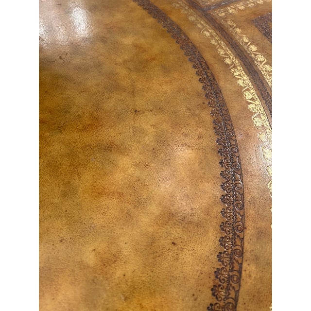 Wood Maitland Smith Round Tooled Leather & Mahogany Extension Dining Center Table For Sale - Image 7 of 17