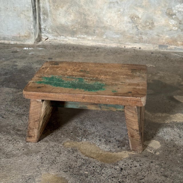 Small Occasional Stool in Upcycled Teak with Traces of Green Chrome on the Top, 1990s For Sale - Image 8 of 11
