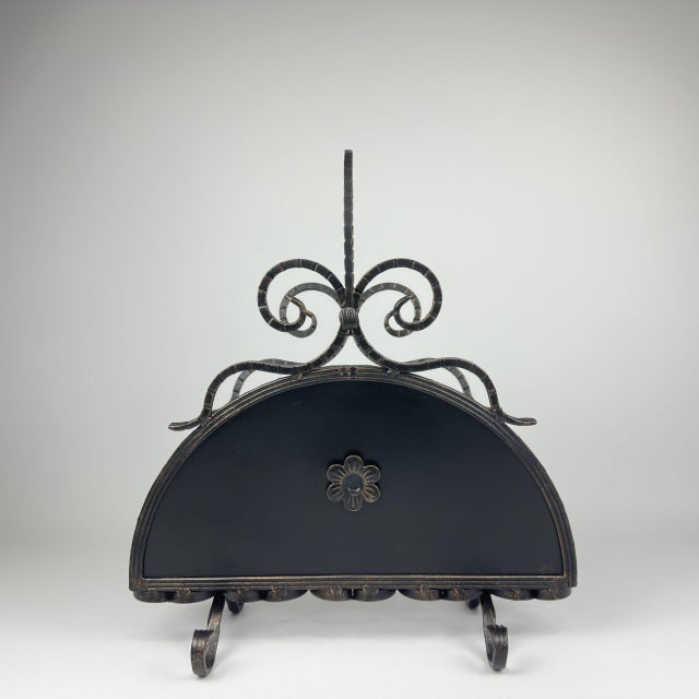 Hand Forged Iron Newspaper & Magazine Rack (54cm) Antique Gold Scroll Design with Arched Handle For Sale - Image 9 of 10
