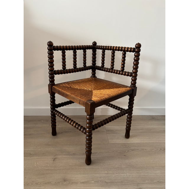 Vintage Corner Chair in Turned Wood with Straw Seat, 1940s For Sale - Image 12 of 12