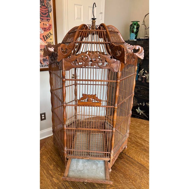 Beautiful Decorative Large Antique Wooden Ornate Pagoda Style Bird Cage For Sale - Image 14 of 18