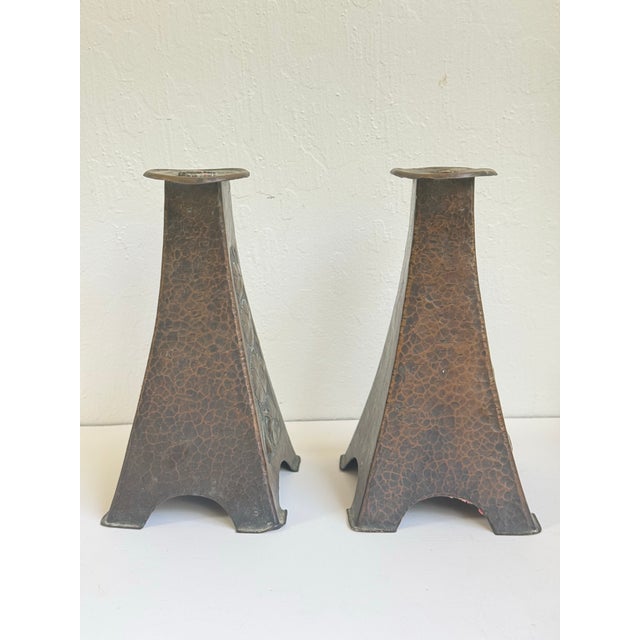 Antique Original Arts & Crafts Hammered Copper Candle Sticks a Pair C. 1905 For Sale - Image 10 of 12