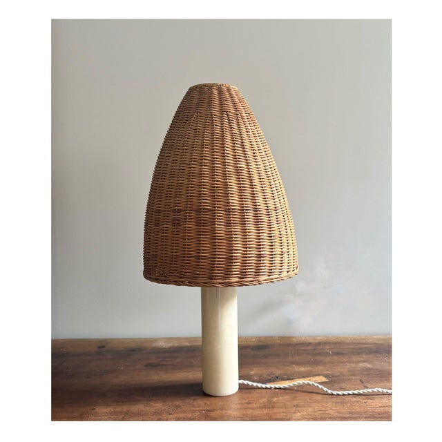 Vintage Cream Alabaster Table Lamp with Wicker Shade, 1960s For Sale - Image 9 of 9