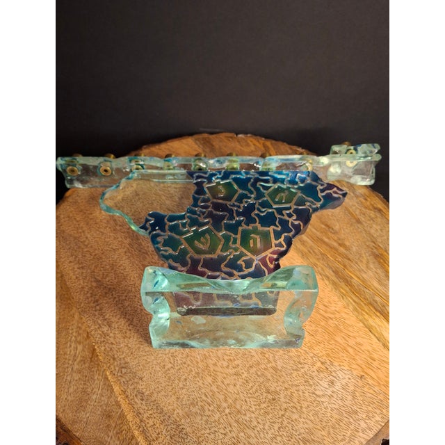Late 20th Century Signed Uda Yehuda Parmat Studio Art Glass Menorah Iridescent Fused Dreidel For Sale - Image 10 of 17