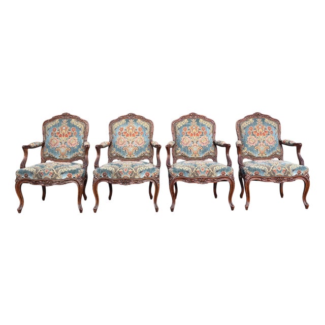 19th Century Louis XV French Fauteuil Armchairs, 1860s, Set of 4 For Sale