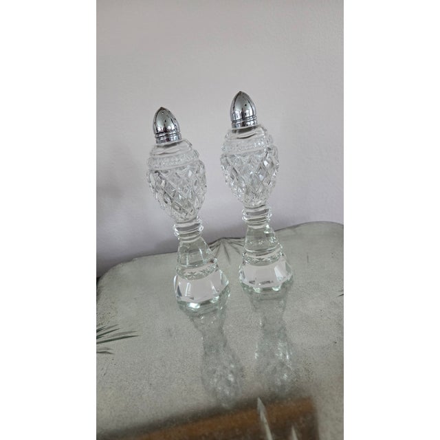 English Vintage Tall Faceted Crystal-Glass Salt and Pepper Shakers With Silver-Tone Caps For Sale - Image 3 of 16
