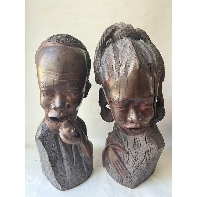 Pair of Vintage Traditional African Ebony Wood Man & Woman Carving Busters For Sale - Image 13 of 17
