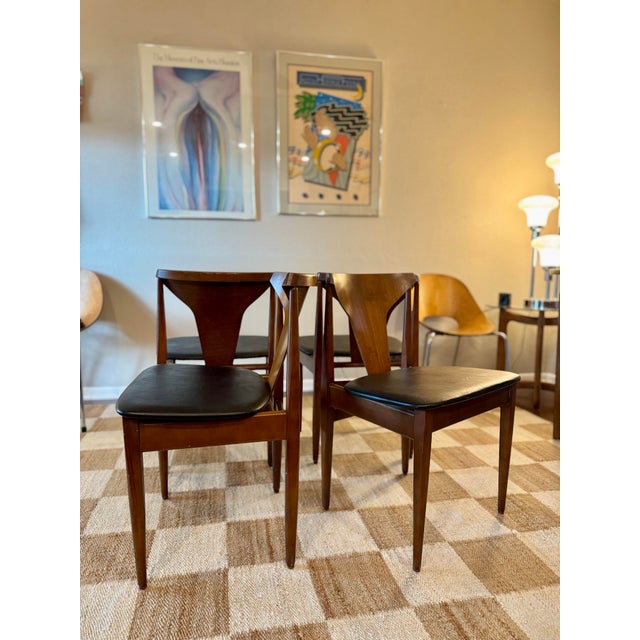 Wood A Beautiful Set of 4 Mid Century Modern Dining Chairs in Teak With Black Faux Leather Seats, Attributed to Elliots of Newbury, Circa 1960s For Sale - Image 7 of 12
