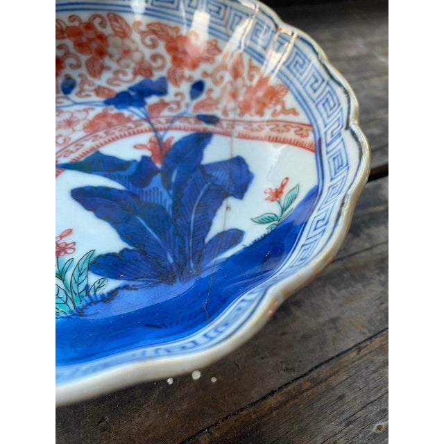 Ceramic Antique Japanese Arita Imari Scalloped Porcelain Bowl – Hand Painted Blue & Iron Red For Sale - Image 7 of 13