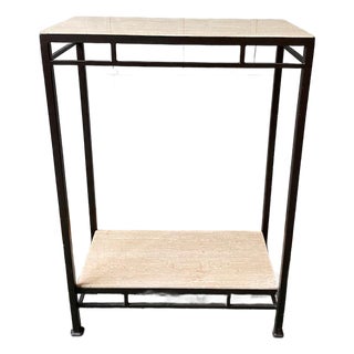 Custom Bronze Iron Console Table With Travertine Shelves For Sale