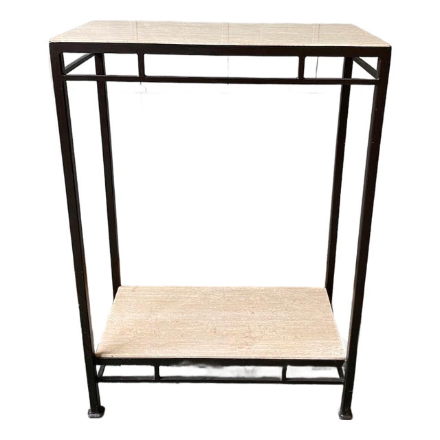 Custom Bronze Iron Console Table With Travertine Shelves For Sale
