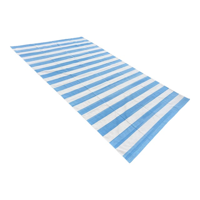 Handmade Cotton Area Rug, Natural Vegetable Dyed, Sky Blue and White Striped Dhurrie - 10'x14' For Sale