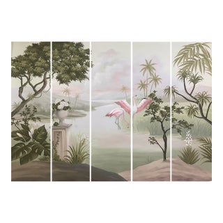 36" * H108" *5ps, Retro French Hand-Painted Tropical Riverside Flamingo Mural, Low-Saturation Misty Wall Covering for Living Room & Bedroom For Sale