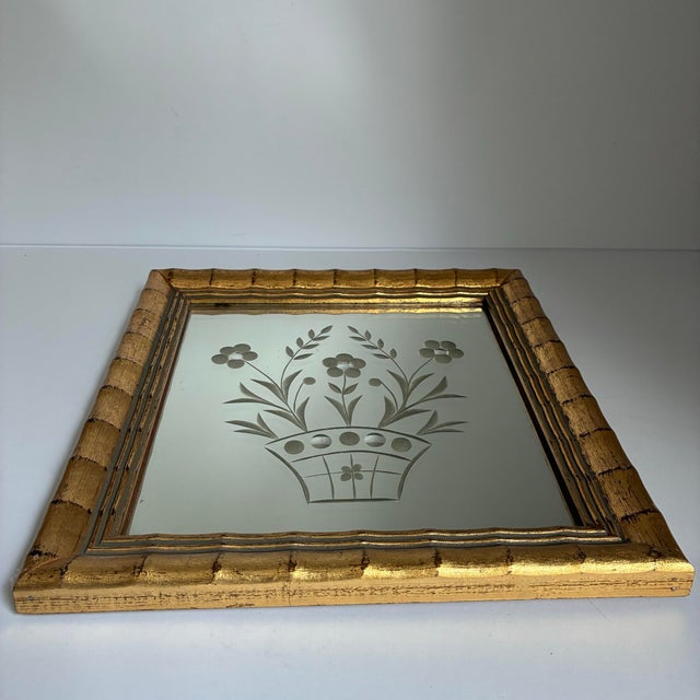 Hollywood Regency Vintage Gilt Faux Bamboo Etched Floral Mirror, Hollywood Regency For Sale - Image 3 of 7