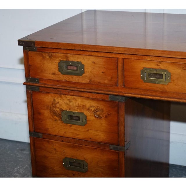 Vintage Military Campaign Twin Pedestal Desk in Yew Wood For Sale - Image 5 of 18