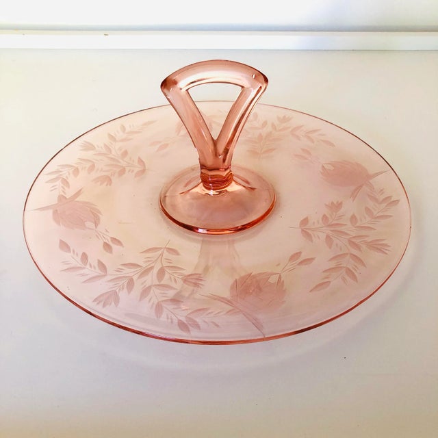 1950s Vintage Pink Depression Glass Handled Tray/ Sandwich Plate For Sale - Image 5 of 5