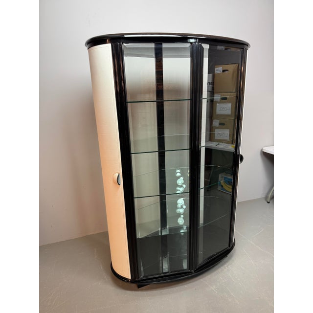 Mid-Century Italian Glass Display Cabinet with White Leather Doors in Black Wooden Frame by Rossi Di Albizatte, Italy, 1970s For Sale - Image 4 of 7