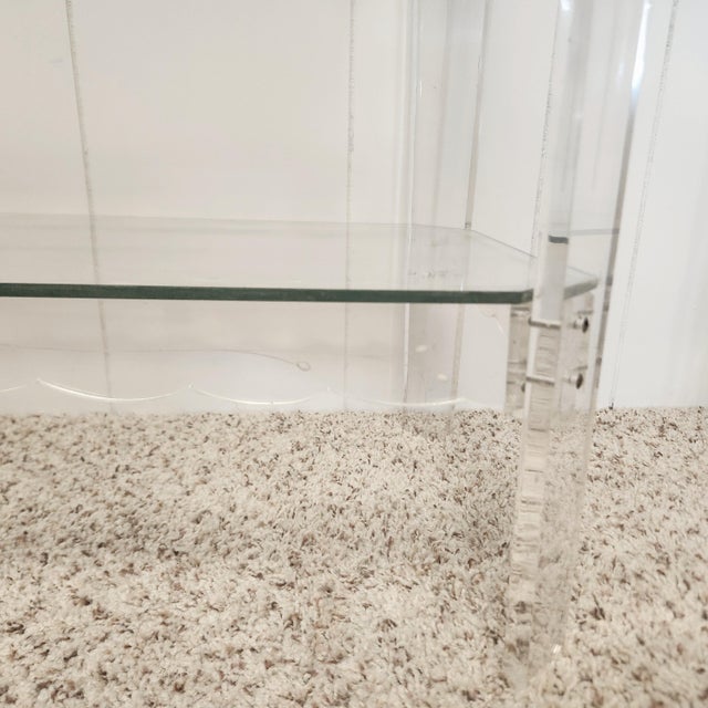 Transparent Pair Lucite End Tables 1950s Scalloped and Etched For Sale - Image 8 of 9