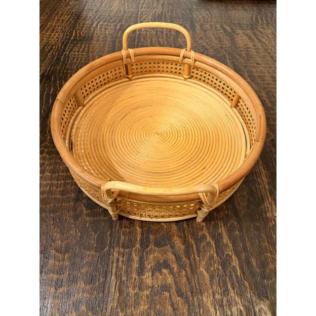 Tan Large Vintage Round Rattan & Cane Serving Tray With Handles For Sale - Image 8 of 8