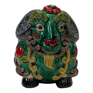 Handmade Green Small Ceramic Artistic Ram Figure Display Art For Sale