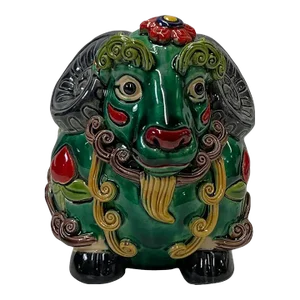 Handmade Green Small Ceramic Artistic Ram Figure Display Art