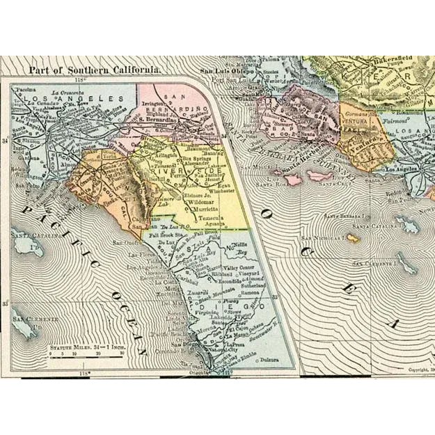 Original early-1900s map of California produced through a lithographic process. Includes inset maps of the Bay area and...