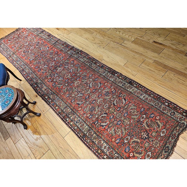 Textile 19th Century Farahan Wide Runner, Hand-Knotted Wool, Allover Herati Geometric Pattern, Red & Green, 4x14 For Sale - Image 7 of 16