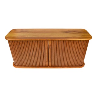 Mid 20th Century Modern Teak Wall Mounted Cabinet Tambour Sliding Doors Shelf Cabinet For Sale