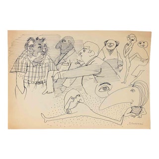 Mino Maccari, Figures, Ink Drawing on Paper, 1950s For Sale