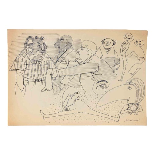 Mino Maccari, Figures, Ink Drawing on Paper, 1950s For Sale
