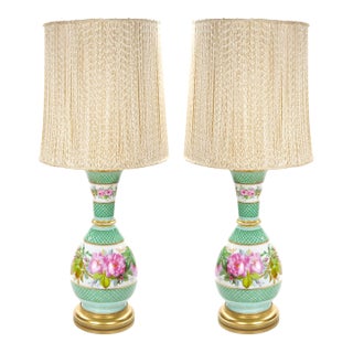 French Pair Neoclassical Floral Paris Porcelain Urns Mounted Lamps, Circa 1800 For Sale