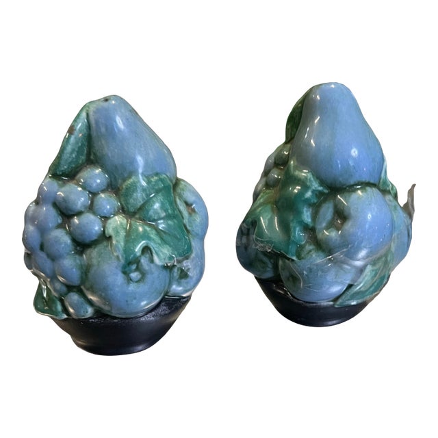 Vintage Blue Ceramic Salt and Pepper Shakers With Fruit and Vine Details - a Pair For Sale
