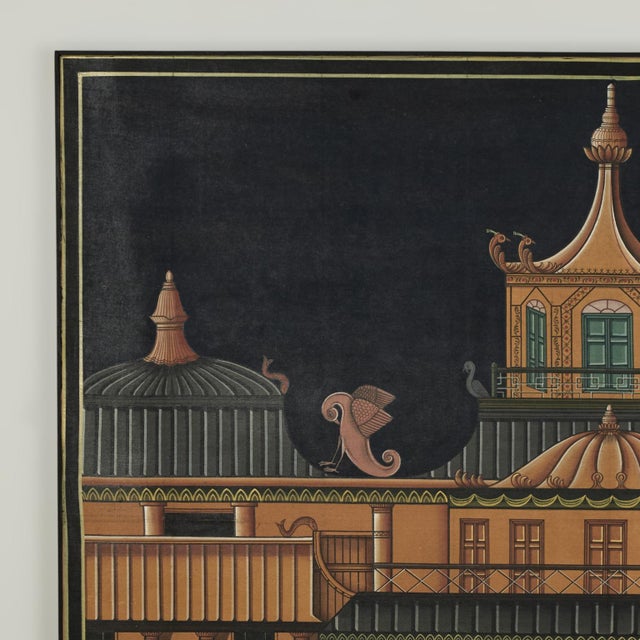 Big bold mid century acrylic painting on canvas of a building with a pagoda top and Asian influences, executed in a...