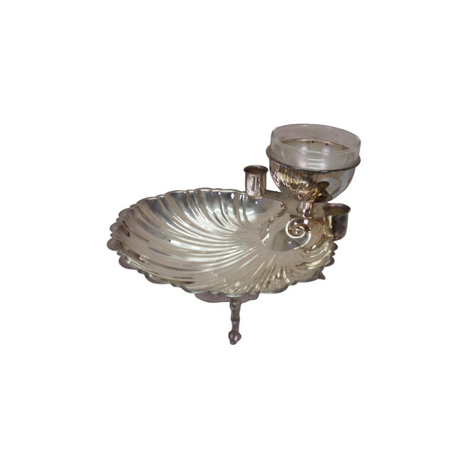 Vintage silver-plated seafood or shrimp cocktail serving tray / dish / bowl / platter featuring a large scalloped clam...