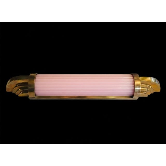 Vintage Art Deco Light Old Lamp Wall Sconces Fixture Brass & Pink Glass Rod Ship Light - Pair For Sale - Image 4 of 5