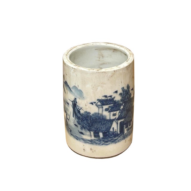 Chinese Distressed White Porcelain Blue Mountain Houses Graphic Holder Vase For Sale - Image 9 of 15
