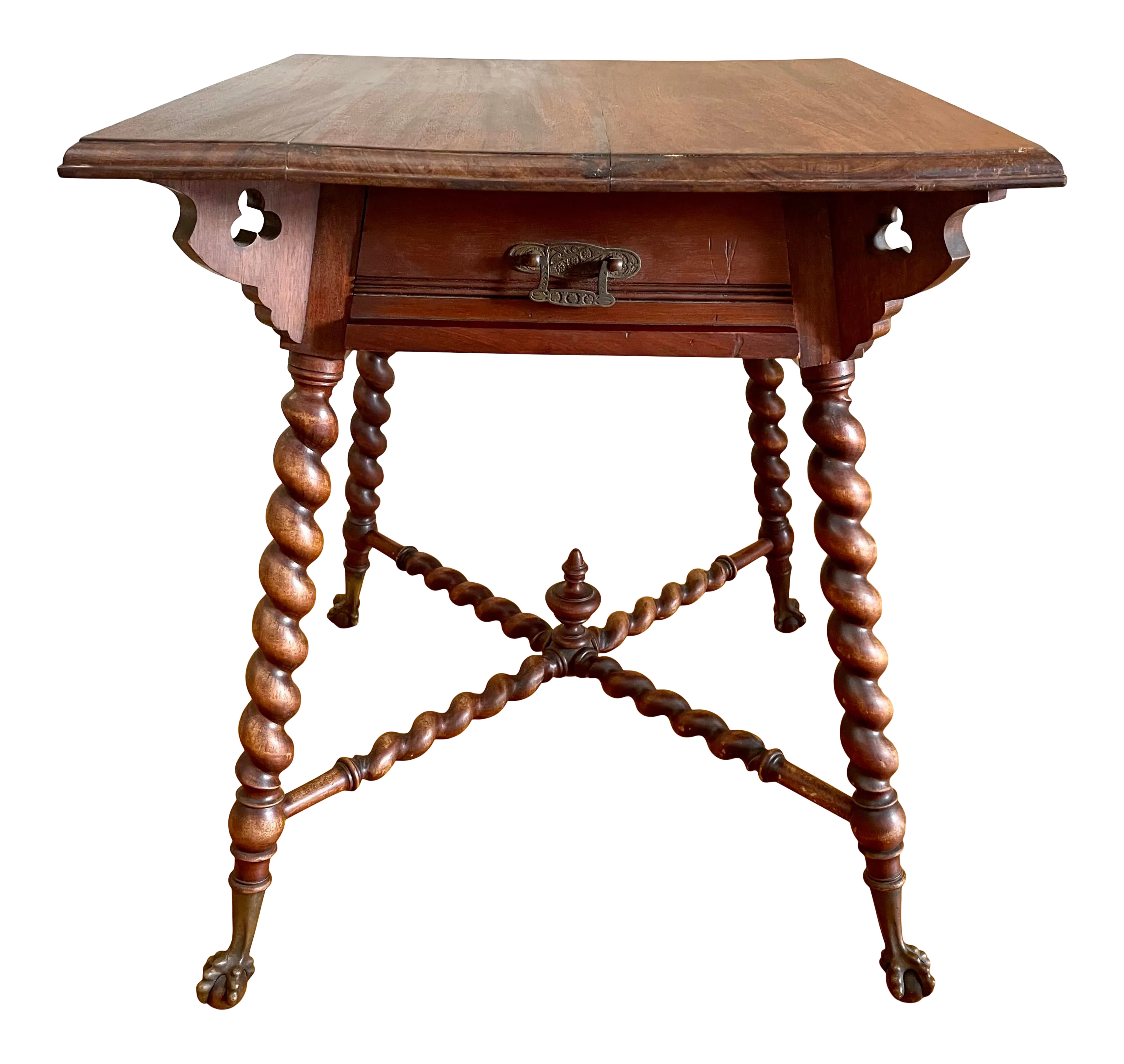 Antique 1800s English Barley Twist, Claw-Foot Walnut Parlor Table