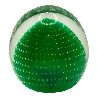 Vintage Mid-Century Green Controlled Bubble Art Glass Paperweight – Murano Style With Pontil Mark For Sale