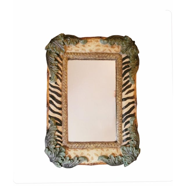 1990s Tropical Resin Zebra Leaf Leopard Faux Bamboo Regency Style Wall Mirror For Sale - Image 5 of 9