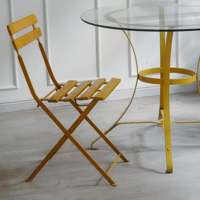 French Iron and Glass Garden Table with Folding Chairs, 1960, Set of 3 For Sale - Image 16 of 18